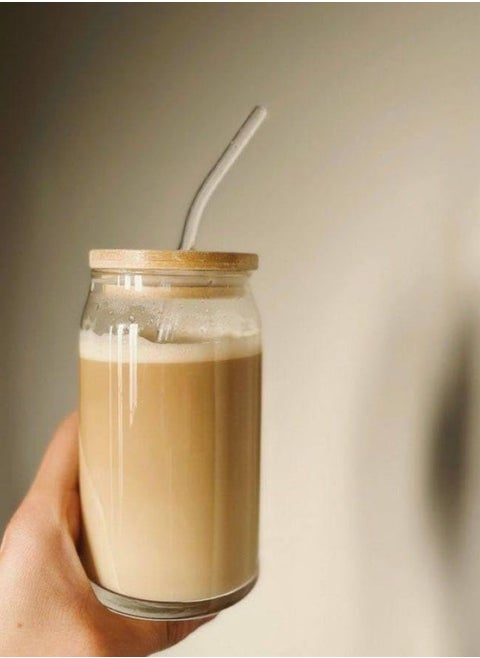 Mug Can Glass With Bamboo Lids And Glass Straws Soda Can Shape