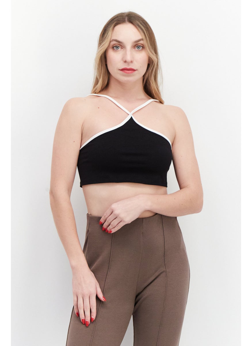 Bershka Women Asymmetric Neck Sleeveless Plain Top, Black  - Image 1