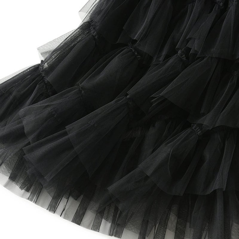 Dirholl Women's A-Line Fairy Patterned Elastic Waist Ruffle Tulle Layered Midi Skirt Tutu Black B - Image 4