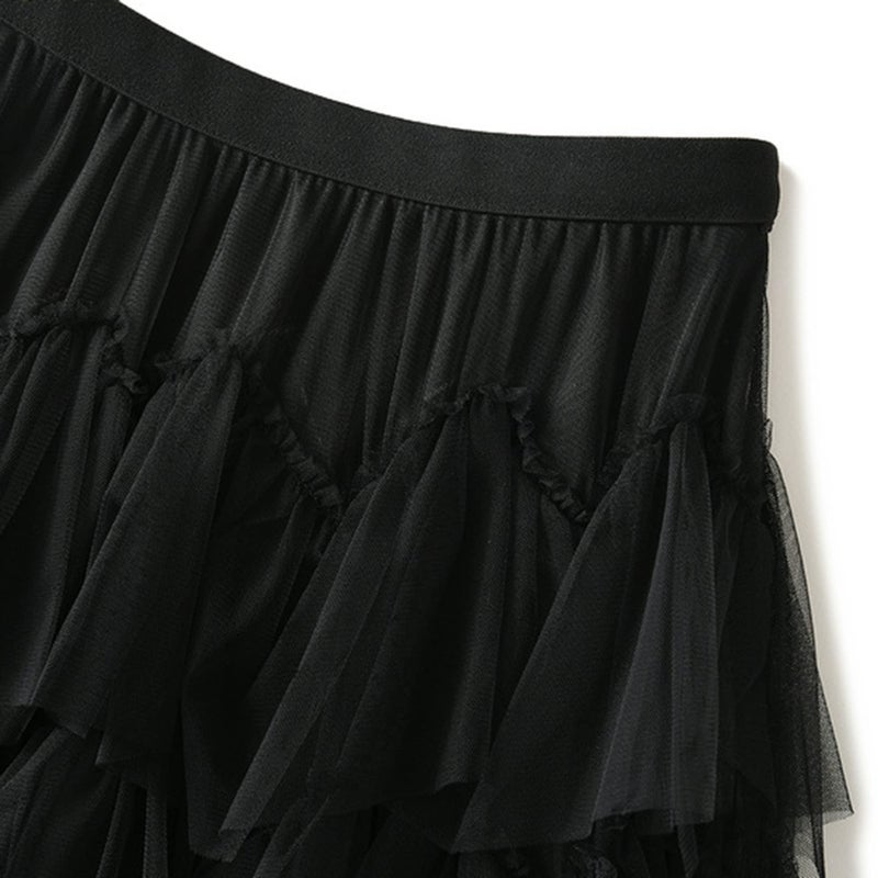 Dirholl Women's A-Line Fairy Patterned Elastic Waist Ruffle Tulle Layered Midi Skirt Tutu Black B - Image 3