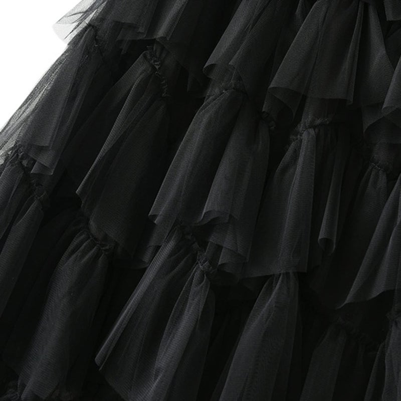 Dirholl Women's A-Line Fairy Patterned Elastic Waist Ruffle Tulle Layered Midi Skirt Tutu Black B - Image 2