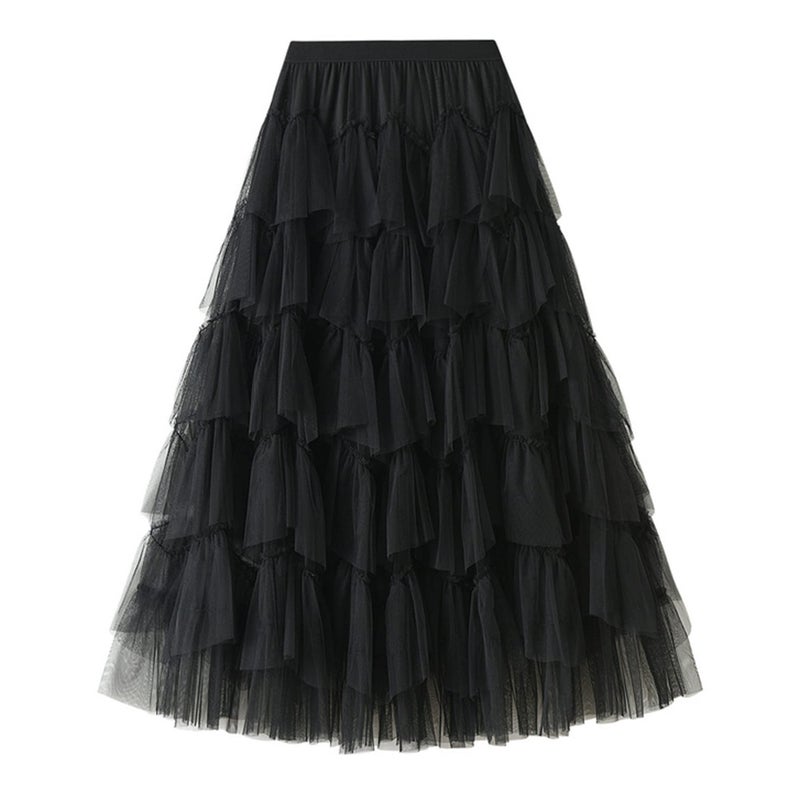 Dirholl Women's A-Line Fairy Patterned Elastic Waist Ruffle Tulle Layered Midi Skirt Tutu Black B - Image 1