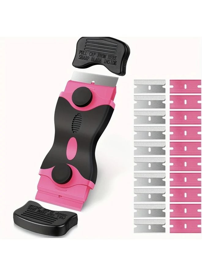 1 Set Pink Double Ended Scraper Tool With 20 Razor Blades For Glass Stovetops Windows Cleaning - Image 1