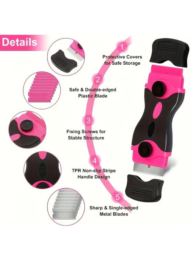 1 Set Pink Double Ended Scraper Tool With 20 Razor Blades For Glass Stovetops Windows Cleaning - Image 3