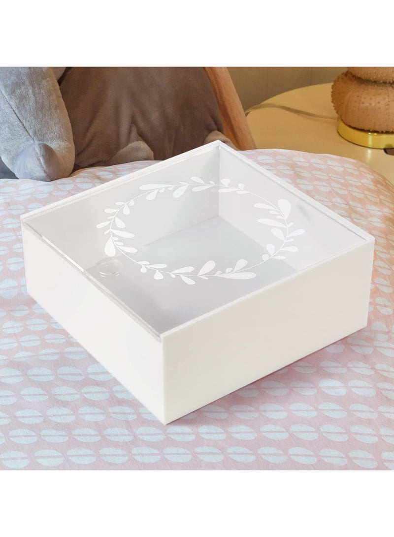 TPGP White Acrylic Baby Memory Box, DIY Keepsake Box Storage Organizer, 8x8x3 in Clear Lid w/White Botanical Wreath for Baby Shower, Mother to be Gift, Pet Memorial Shadow Box - Image 4
