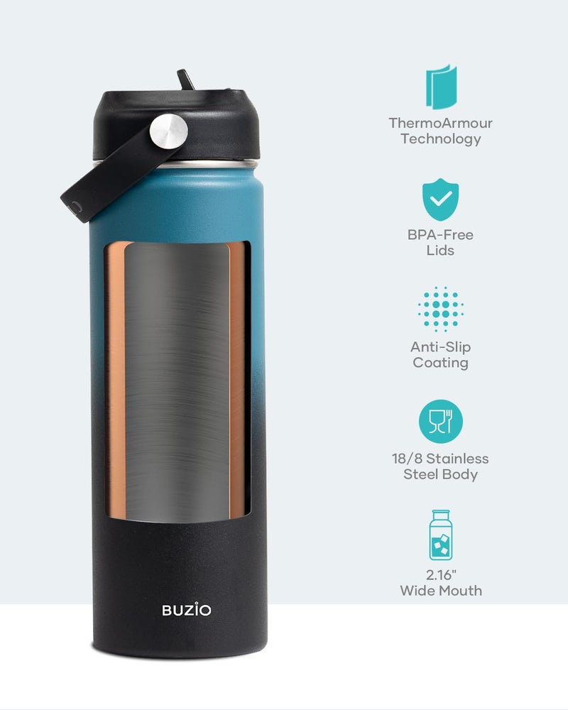 BUZIO BUZIO Insulated Water Bottle with Straw Lid and Flex Cap  22oz Modern Double Vacuum Stainless Steel Water Flask  Cold for 48 Hrs Hot for 24 Hrs Simple Thermo Canteen Mug  Indigo Black  - Image 4