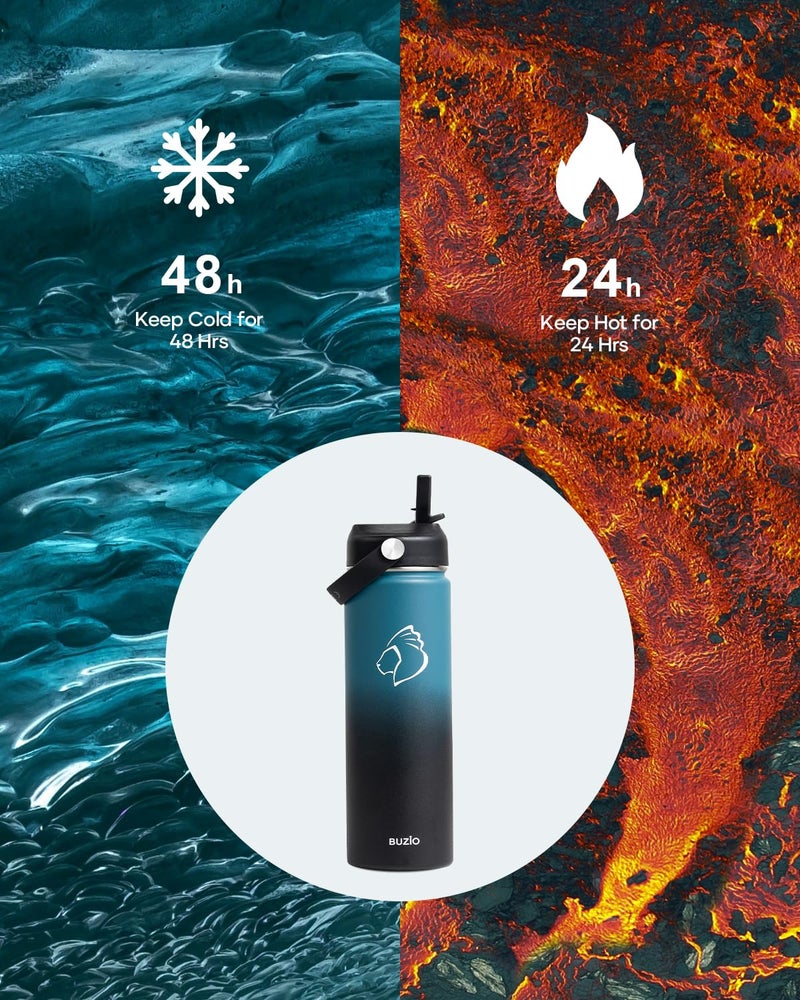 BUZIO BUZIO Insulated Water Bottle with Straw Lid and Flex Cap  22oz Modern Double Vacuum Stainless Steel Water Flask  Cold for 48 Hrs Hot for 24 Hrs Simple Thermo Canteen Mug  Indigo Black  - Image 2