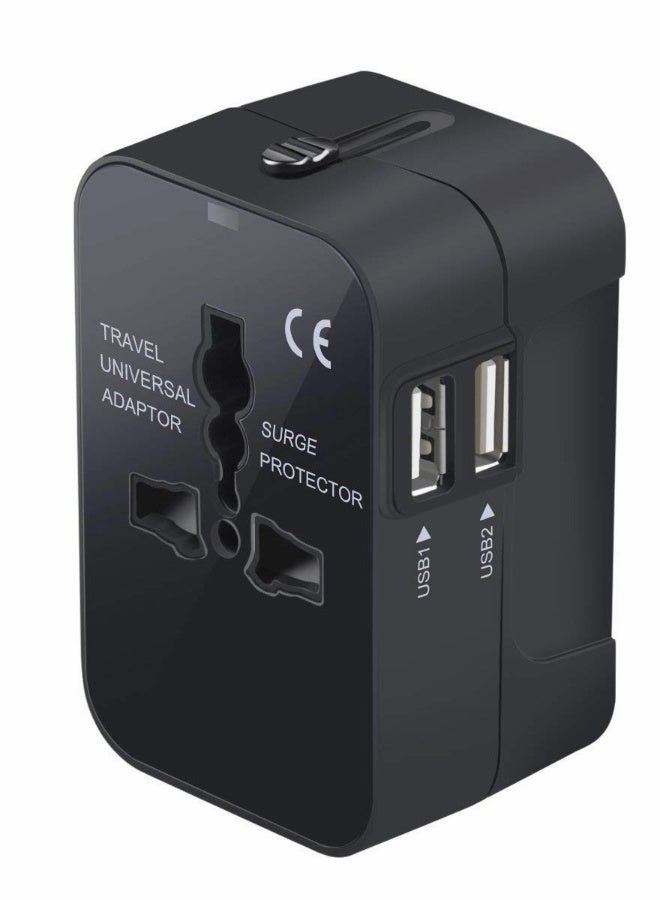 محول سفر عالمي، محول طاقة كهربائية لتركيب على الحائط مع منفذي شحن USB مزدوجين لهواتف المحمول والكمبيوتر المحمول، باللون الأسود  - Image 1