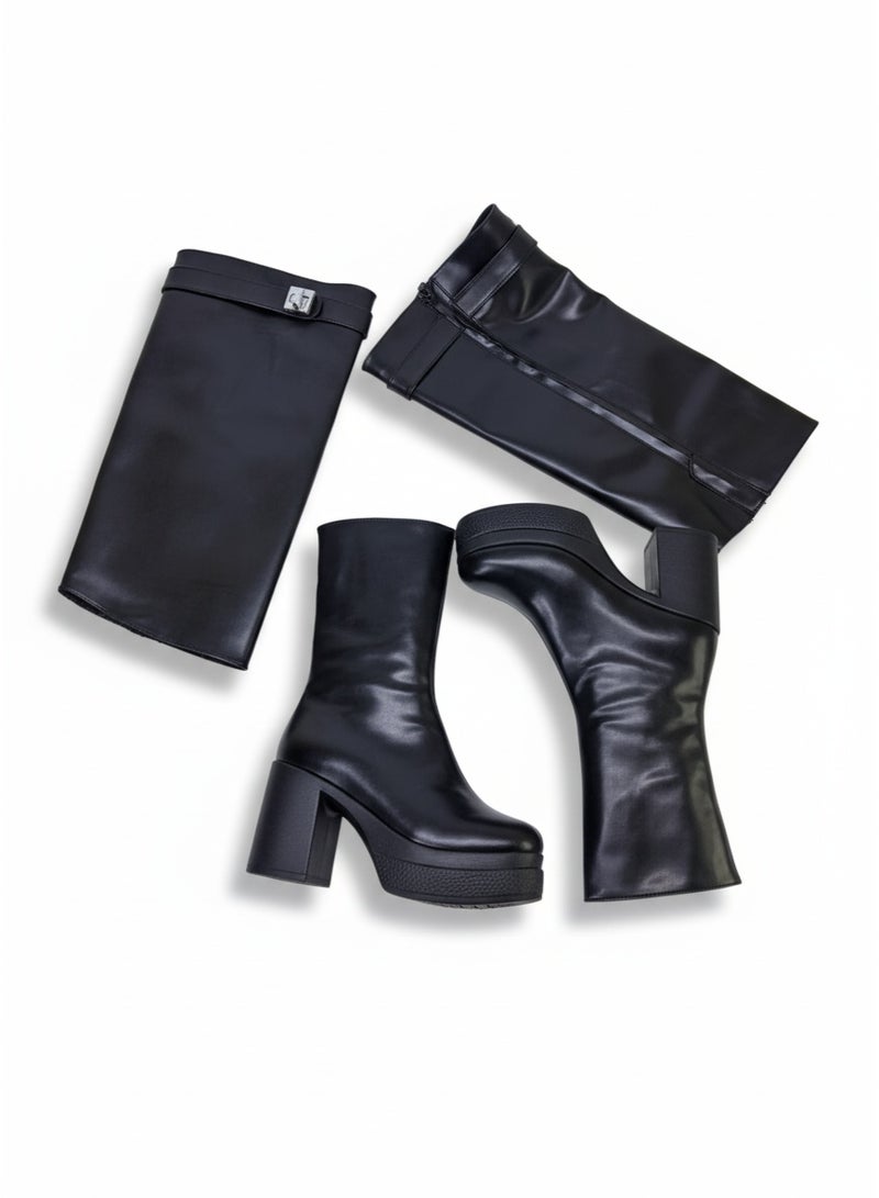 لايف ستيلاش  بوت طويل بكعب من الجلد LB-44 - اسود - Image 2