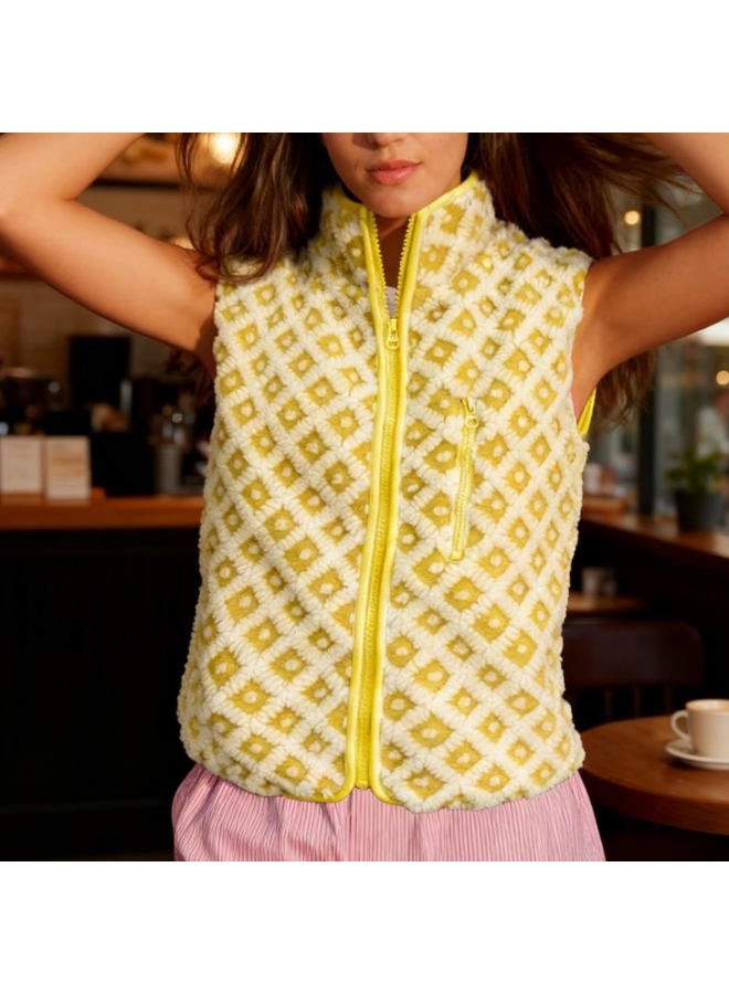 SeeLuNa Womens Checkered Sherpa Vest Sleeveless Winter Fleece Jacket High Neck Zip Up Plaid Gilet with Chest Pocket, Yellow-white, L - Image 4