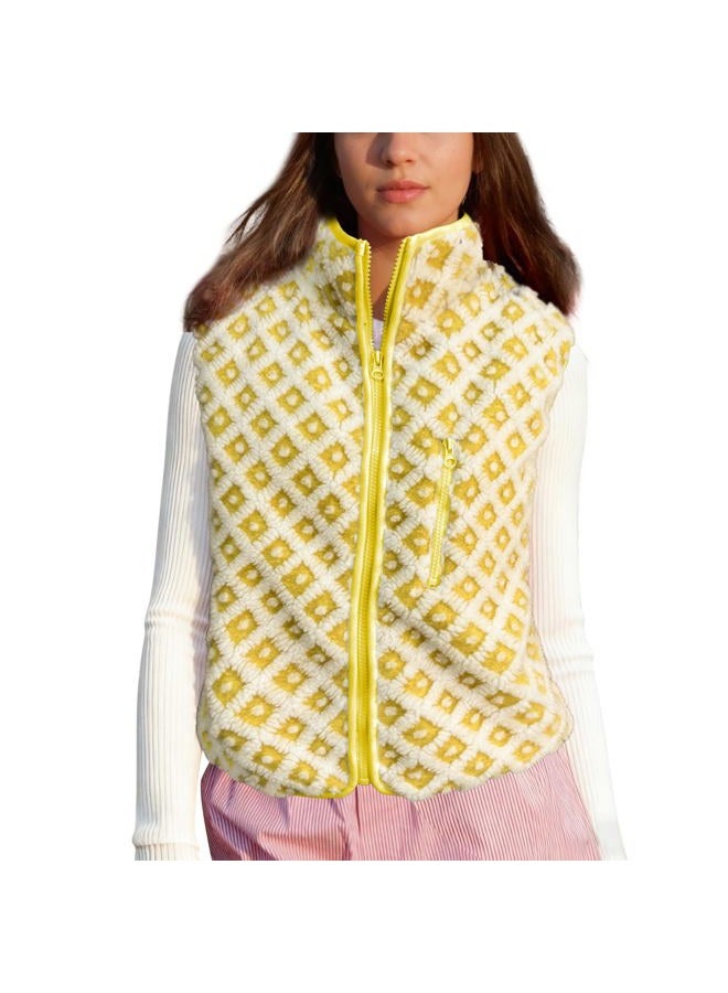 SeeLuNa Womens Checkered Sherpa Vest Sleeveless Winter Fleece Jacket High Neck Zip Up Plaid Gilet with Chest Pocket, Yellow-white, L - Image 1