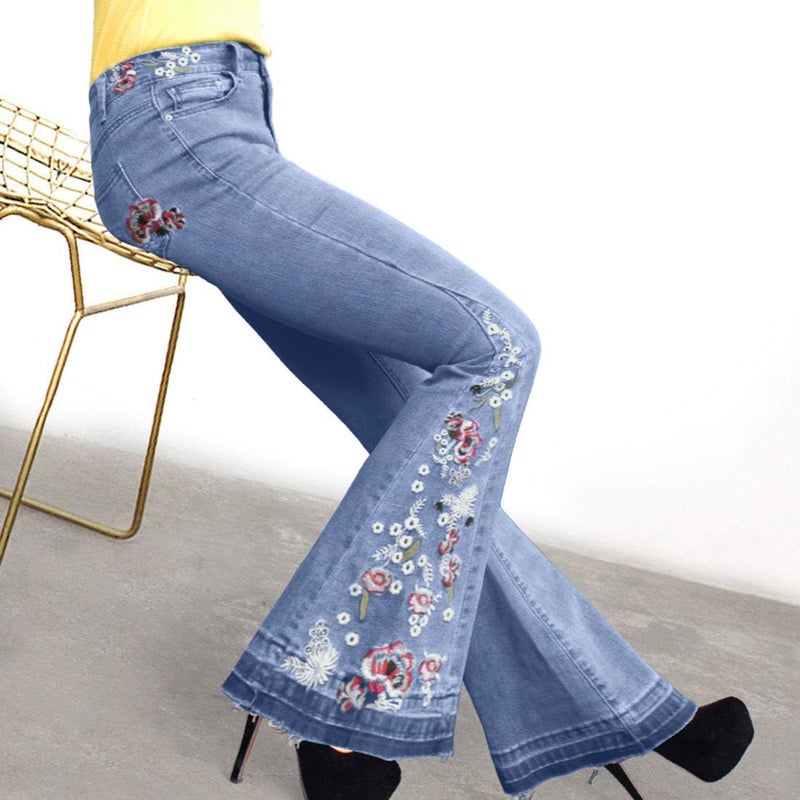 CHARTOU Womens Chic Floral Embroidered High-Rise Bell Bottom Flare Jeans Broad Feet Long Denim Pants (Blue, Medium) - Image 2
