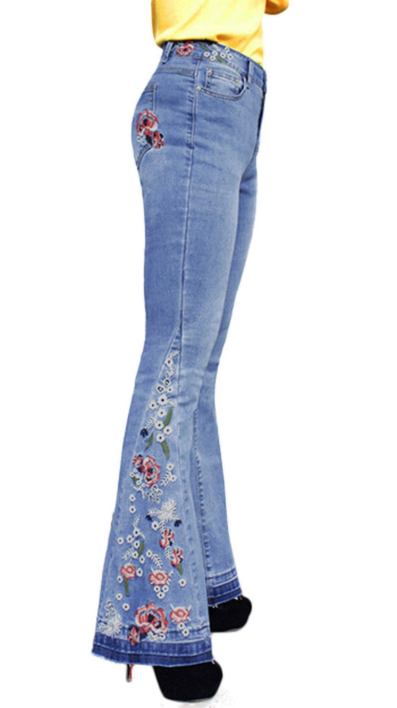 CHARTOU Womens Chic Floral Embroidered High-Rise Bell Bottom Flare Jeans Broad Feet Long Denim Pants (Blue, Medium) - Image 1