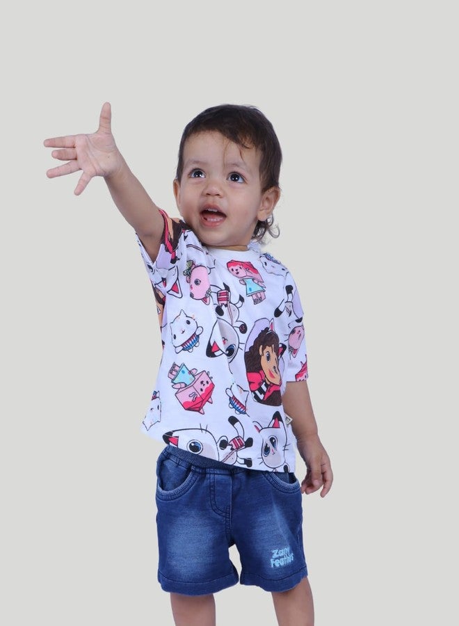 Tiny Hooman Cotton Drop Shoulder Tee | White Cat Print T-Shirt for Baby Boys & Girls - Size: 3-6 Months - Image 4
