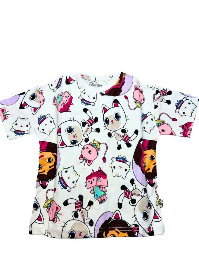 Tiny Hooman Cotton Drop Shoulder Tee | White Cat Print T-Shirt for Baby Boys & Girls - Size: 3-6 Months - Image 1