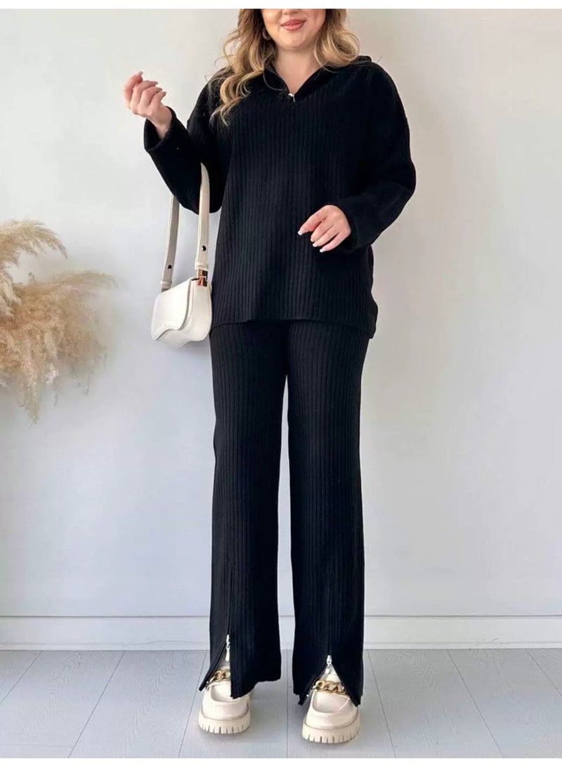 general 2025-2026 Autumn-Winter Women's Solid Color Zip Knit Set with High Neck and Plaid Linen Homewear Set of Two Pieces - Image 1