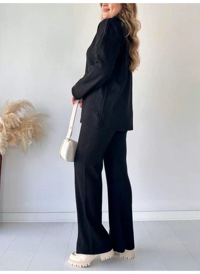 general 2025-2026 Autumn-Winter Women's Solid Color Zip Knit Set with High Neck and Plaid Linen Homewear Set of Two Pieces - Image 2