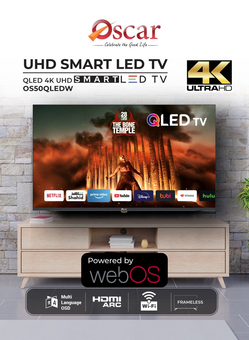أوسكار تلفزيون أوسكار الذكي QLED بدقة 4K UHD مقاس 50 بوصة | تصميم بدون إطار | نظام تشغيل webOS الذكي | جهاز تحكم عن بعد سحري | دقة فائقة الوضوح 2160p | واي فاي وبلوتوث مدمجان | HDR | نتفليكس، يوتيوب، برايم فيديو | منفذ HDMI ومنفذ USB - OS50QLEDW - Image 2