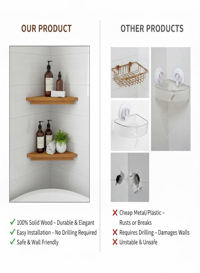 DITAVN Wooden Corner Shower Shelf Triangular Corner Shelf Wooden Bathroom Shelf for Tiled Wall, 2 Pack Shower Corner Shelf, No Drilling Requied - Image 3