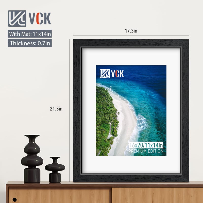 VCK 16x20 Picture Frames Matted to 11x14 Picture Set of 5 Black Wood Photo Frames with Real Glass Desktop and Wall Hanging Frames (Black, 16 x 20) - Image 2