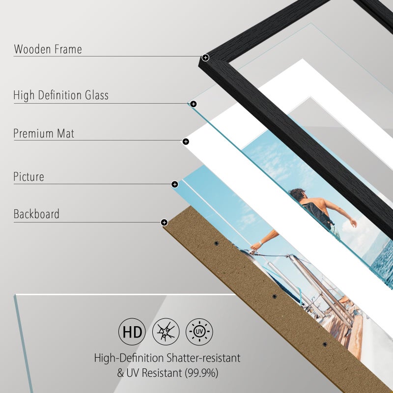VCK 16x20 Picture Frames Matted to 11x14 Picture Set of 5 Black Wood Photo Frames with Real Glass Desktop and Wall Hanging Frames (Black, 16 x 20) - Image 4