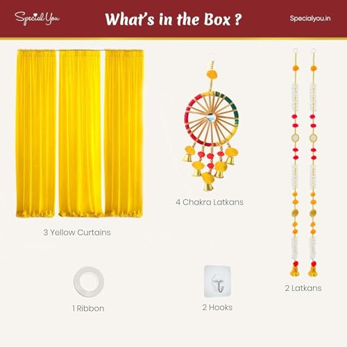 SpecialYou.in SpecialYou® Ganpati Decoration Setup for Home Decor for Living Room with Yellow Back Drop Curtain for Decoration, Mogra & Chakra Latkan, Ganpati Decoration Backdrop, Pooja Room Decor -13Pcs - Image 2