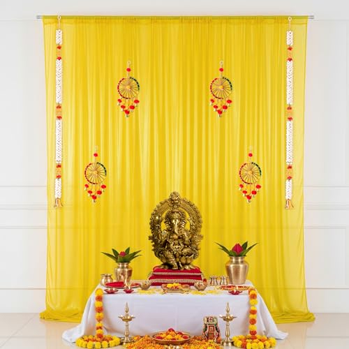 SpecialYou.in SpecialYou® Ganpati Decoration Setup for Home Decor for Living Room with Yellow Back Drop Curtain for Decoration, Mogra & Chakra Latkan, Ganpati Decoration Backdrop, Pooja Room Decor -13Pcs - Image 1