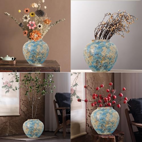 LFGKeng Rustic Ceramic Flower Vase, Tall 8.3in Small Vintage Handmade Distressed Farmhouse Vases, Unique Pottery Clay Vase for Living Room Floor, Bedroom, Bookshelf, Dining Room, Home Decor (Blue) - Image 3