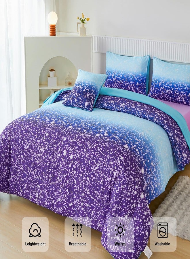 PERFEMET طقم مفروشات سرير بناتي بنفسجي مزدوج - طقم لحاف من 6 قطع مع ملاءات، طقم سرير بألوان قوس قزح، أطقم أسرّة أطفال لامعة ورقيقة (أزرق بنفسجي، مزدوج) - Image 2