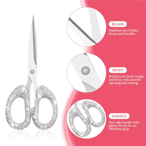 Koqye 6.3-Inch Rhinestone Scissors - Stainless Steel Cute Scissors for Office, Home & Crafting, Decorative Bling Handle Paper Cutting Tool (White) - Image 3