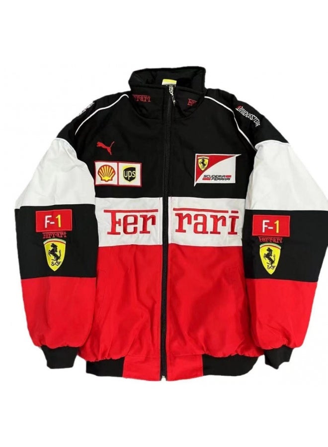 F1 Ferrari x PUMA  Racing Jacket - Shell/UPS Sponsor Badges, Black/Red Color Block, Embroidered Logo, Full-Zip Design, Unisex Motorsport Streetwear  Coat - Image 1