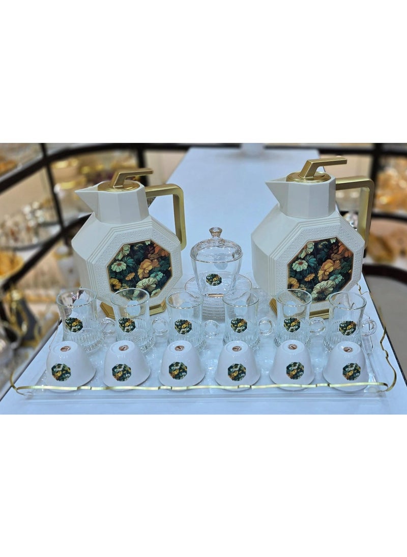 Damanhoor - Exclusive 22 Piece Tea and Coffee Set Perfect For Ramadan Kareem 2 Thermos Flasks 6 Tea Cups With Saucers 6 Coffee Cups 1 Acrylic Tray 1 Sugar Bowl New Collection - Image 1