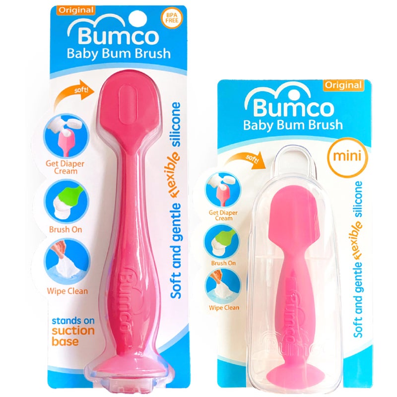 Baby Bum Brush Bumco Baby Bum Brush + Mini Baby Diaper Cream Spatula with Case - BPA-Free Silicone Diaper Spatula with Suction Cup, Wipe-Clean, Mom-Invented Butt Paste Applicator (Pink & Pink) - Image 1