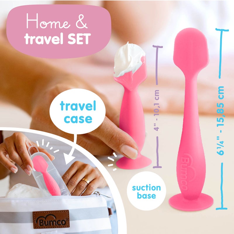 Baby Bum Brush Bumco Baby Bum Brush + Mini Baby Diaper Cream Spatula with Case - BPA-Free Silicone Diaper Spatula with Suction Cup, Wipe-Clean, Mom-Invented Butt Paste Applicator (Pink & Pink) - Image 3