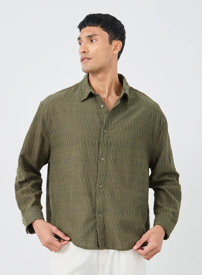 ستايلي Styli Men Olive Dobby Knit Long Sleeve Oversized Shirt