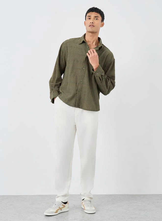 Styli Styli Men Olive Dobby Knit Long Sleeve Oversized Shirt
