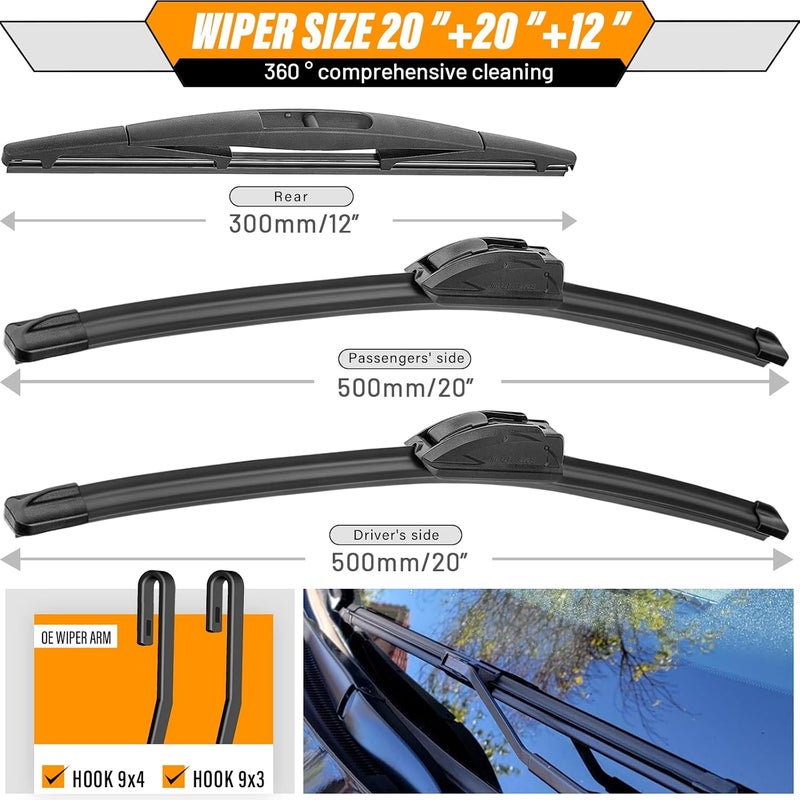 AUTOBOO 20in+20in Windshield Wipers with 12in Rear Wiper Blade for Honda Element 2009-2014 Nissan Cube (Pack of 3) - Image 3