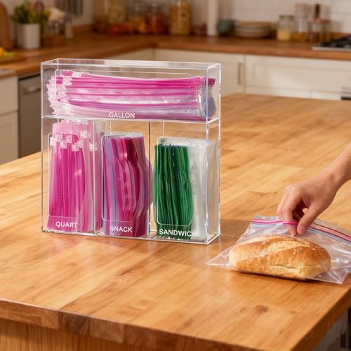 SEANADO Acrylic Zip Bag Storage Organizer Bamboo Baggie Organizer Dispenser for Kitchen Drawer and Wall MountCompatible with Gallon Quart Sandwich Snack Variety Size BagClear - Image 3