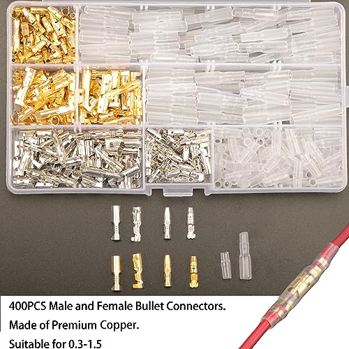Feggizuli 400PCS 3.9mm Bullet Connectors Male and Female, Brass Bullet Terminal Connectors with Insulation Sleeve, Crimp Terminal Connectors Automotive Electrical Connectors Motorcycle Connector Kit - Image 3