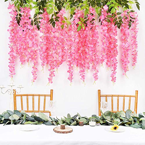 Tdas Artificial Flower Wisteria Hanging Vine for Home Decoration Plants Plastic Flowers Decor Items Decorative Bunch Creepers Garlands Leaves Wedding Room, 110 CM (Dark Pink, 6) - Image 3