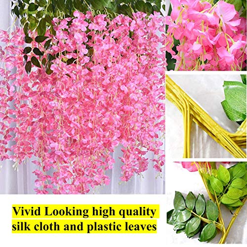 Tdas Artificial Flower Wisteria Hanging Vine for Home Decoration Plants Plastic Flowers Decor Items Decorative Bunch Creepers Garlands Leaves Wedding Room, 110 CM (Dark Pink, 6) - Image 4