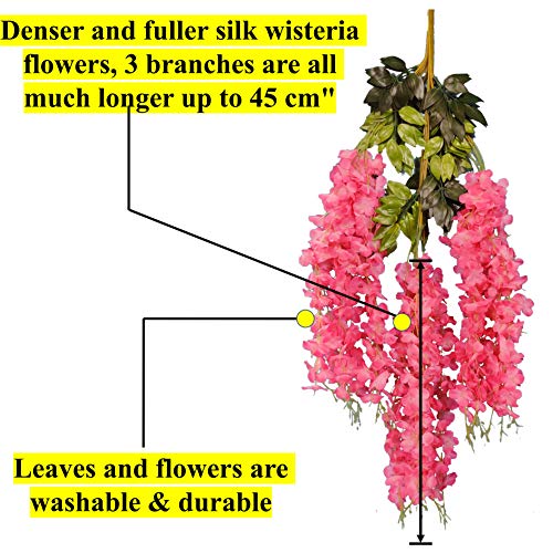 Tdas Artificial Flower Wisteria Hanging Vine for Home Decoration Plants Plastic Flowers Decor Items Decorative Bunch Creepers Garlands Leaves Wedding Room, 110 CM (Dark Pink, 6) - Image 5