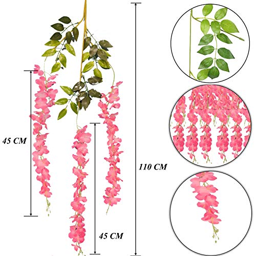 Tdas Artificial Flower Wisteria Hanging Vine for Home Decoration Plants Plastic Flowers Decor Items Decorative Bunch Creepers Garlands Leaves Wedding Room, 110 CM (Dark Pink, 6) - Image 2