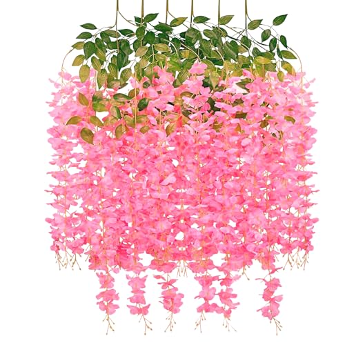 Tdas Artificial Flower Wisteria Hanging Vine for Home Decoration Plants Plastic Flowers Decor Items Decorative Bunch Creepers Garlands Leaves Wedding Room, 110 CM (Dark Pink, 6) - Image 1