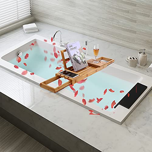 Utoplike Bamboo Bathtub Caddy Tray Bath Tray for Tub, Adjustable Bathroom Bathtub Organizer with Book Tablet Wine Glass Cup Towel Holder - Image 5