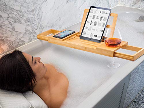 Utoplike Bamboo Bathtub Caddy Tray Bath Tray for Tub, Adjustable Bathroom Bathtub Organizer with Book Tablet Wine Glass Cup Towel Holder - Image 3