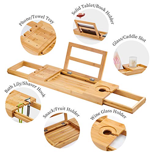 Utoplike Bamboo Bathtub Caddy Tray Bath Tray for Tub, Adjustable Bathroom Bathtub Organizer with Book Tablet Wine Glass Cup Towel Holder - Image 2