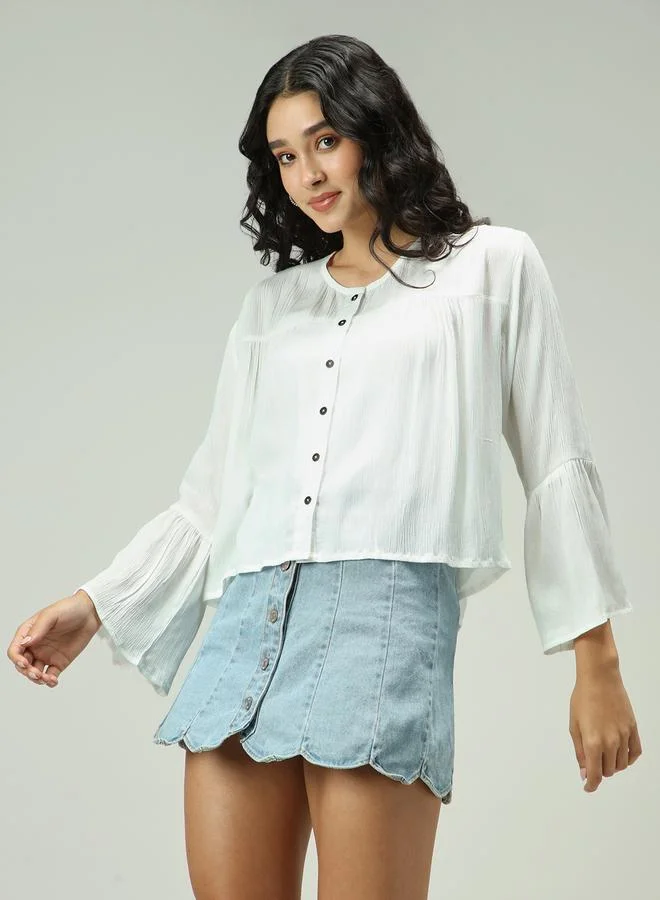 أوجيدر بلوزة قصيرة بأكمام جرس مع أزرار غلق