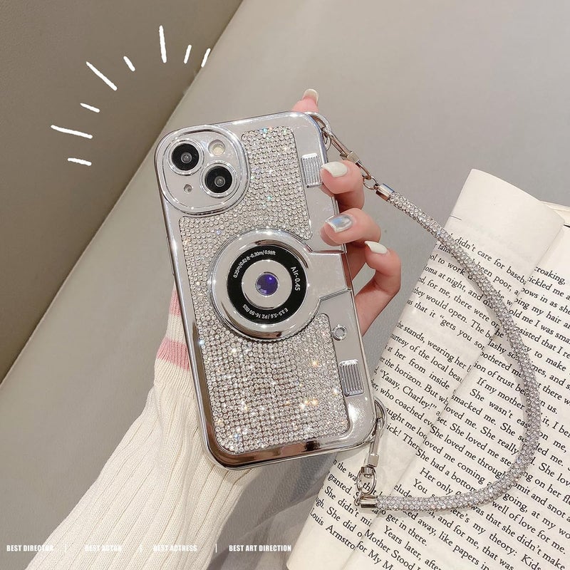 QoKcoahn 3D Bling Vintage Camera Phone Case with Hand Strap - Unique Cool Silicone TPU Shockproof Crossbody Protective Case for iPhone 16 Pro Max-Diamond - Image 2