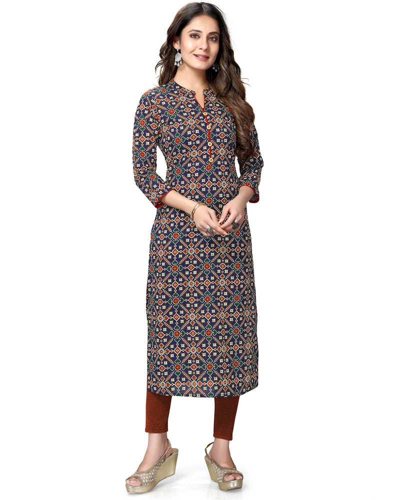 Rajnandini Women's Pure Cambric Cotton Jaipuri Printed Regular Fit Kurti (Jopljpr44-S_Navy Blue & Red_S) - Image 1